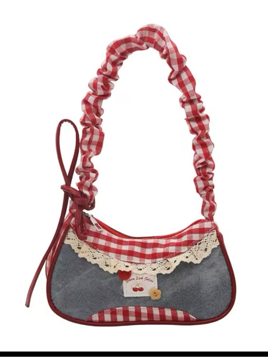Handbags - Red Gingham Shoulder Bag with Denim and Lace Accent